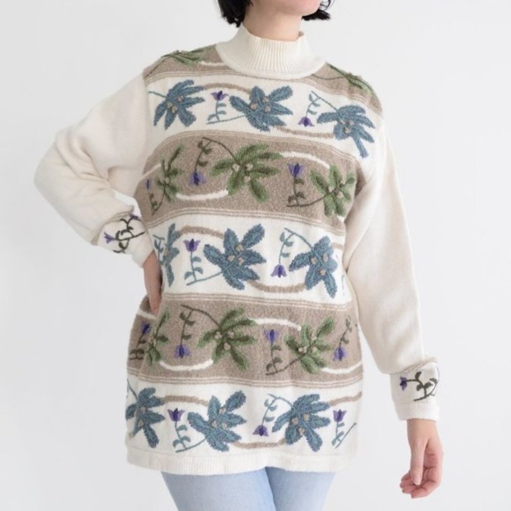 Vintage Northern Reflection  Cream Floral Mockneck Sweater Size XLarge